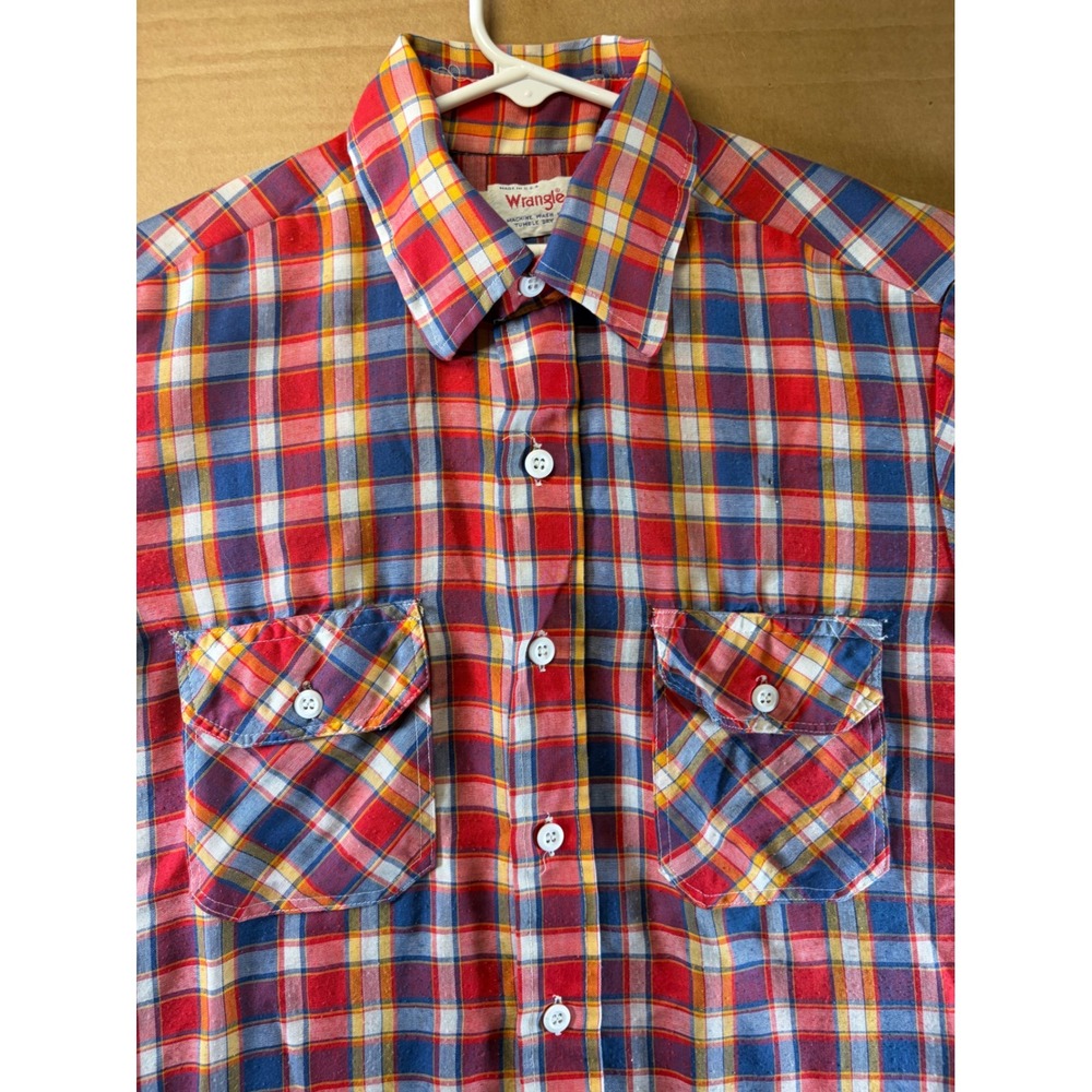 Vintage Wrangler Western Shirt Mens Small Red Plaid Short Sleeve Made in USA